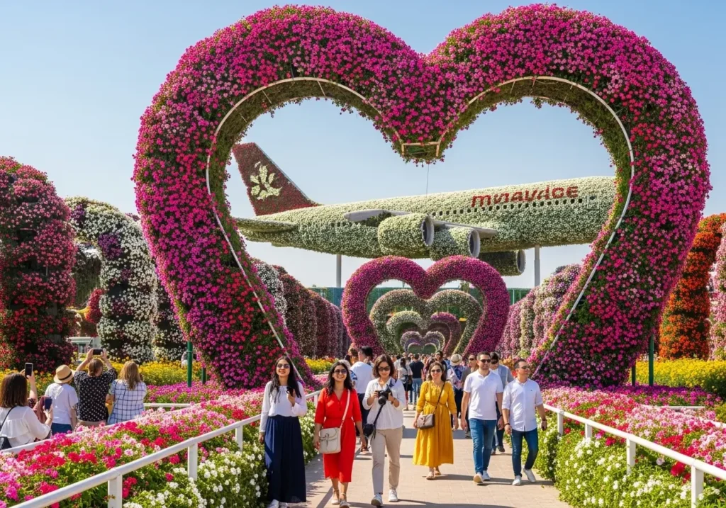 Exploring the magical Dubai Miracle Garden, the world's largest flower garden, filled with stunning floral displays Dubai and vibrant colors.