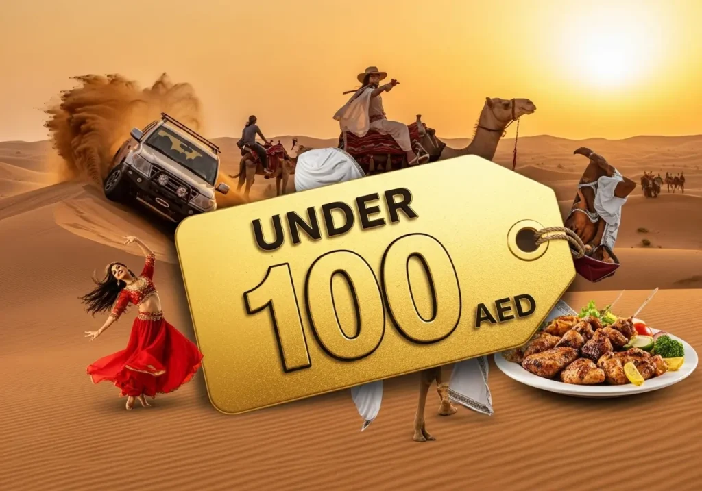A vibrant collage showcasing the activities included in a great value Desert Safaris under 100 AED deal.