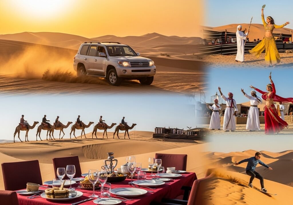 Discover Dubai Desert Safari Inclusions, featuring dune bashing, camel rides, BBQ dinner, and live entertainment in the desert.