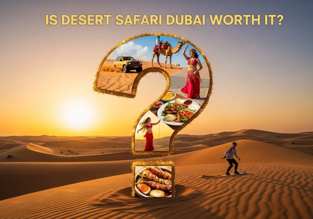 A conceptual image answering "Is Desert Safari Dubai Worth It?" with a collage of safari activities inside a sandy question mark.
