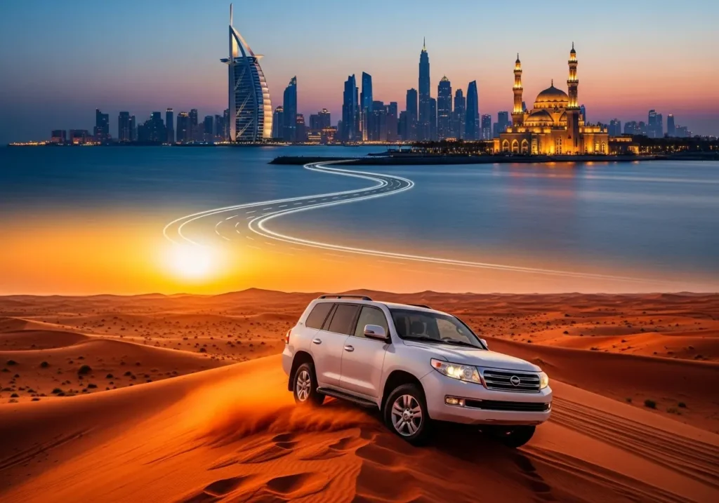 A split-image showing the seamless journey of a Desert Safari Jumeirah, from the iconic Jumeirah skyline to a thrilling desert adventure.