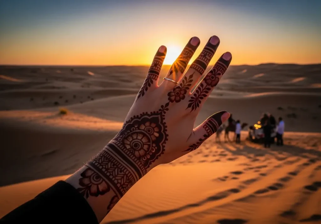 A close-up of a beautiful henna design on a woman's hands during a Henna Painting Desert Safari in Dubai.