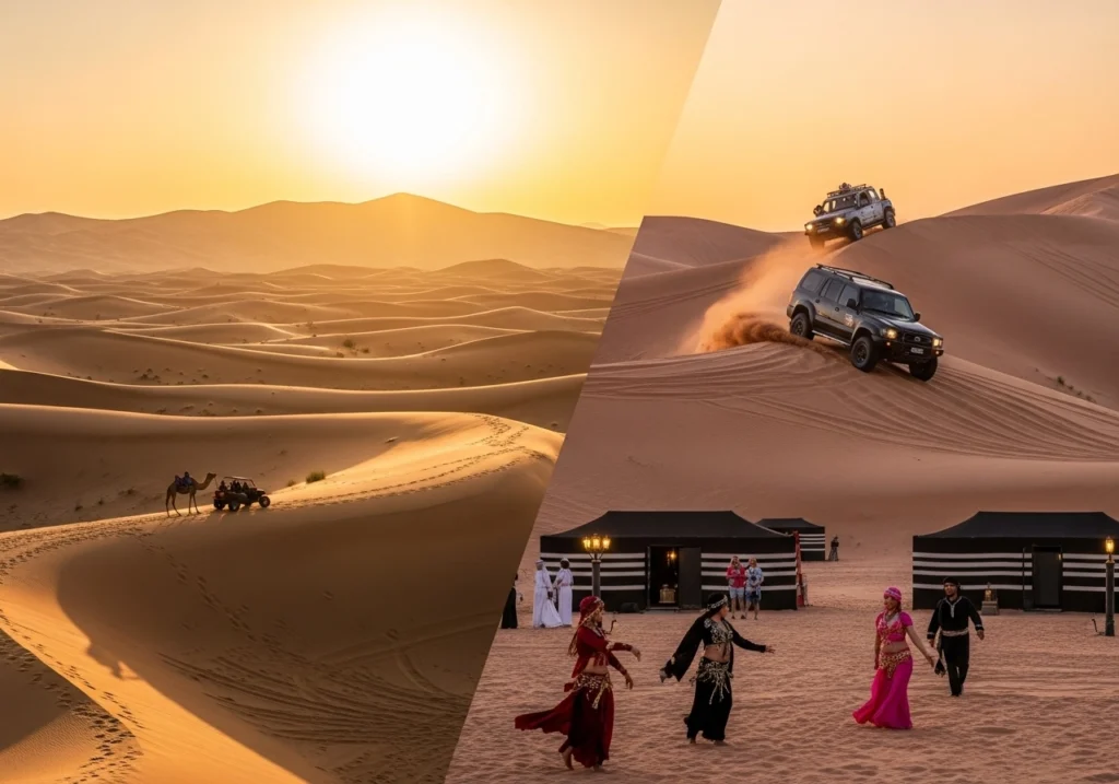 Deciding between Morning vs Evening Desert Safari in Dubai, showcasing distinct experiences and ambiance.