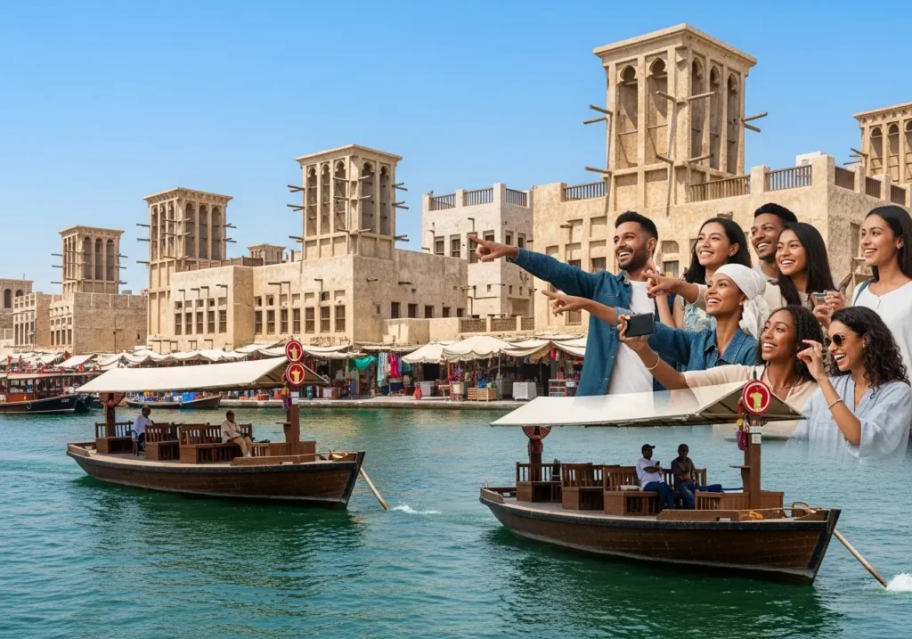 Exploring a comprehensive Historic Dubai City Tour, featuring Al Fahidi historical neighbourhood and Dubai Creek abra ride.