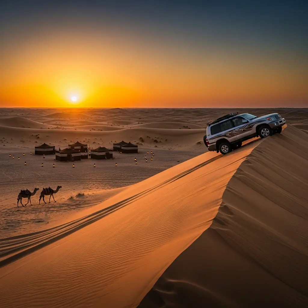 Dune bashing adventure in the Arabian Desert at sunset, featuring a Land Cruiser and a Bedouin camp, serving as the cover image for the Dubai Desert Safari Guide.